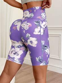SHEIN Sovereign Charm Short de sport décontracté à taille haute avec imprimé floral pour femmes