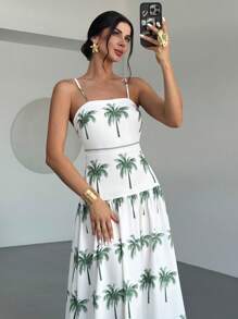 Firerie Women's Elegant Casual Beach Vacation New Palm Tree Print Cinched Waist Maxi Slip Dress, Summer - Green - View 7
