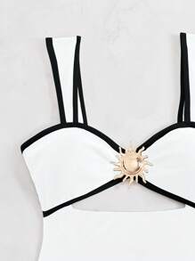 Swim Chiccia 夏季海滩女士黑白太阳形状装饰连体泳衣，优雅/休闲舒适度假/沙滩装泳装 - 黑與白 - 查看 3