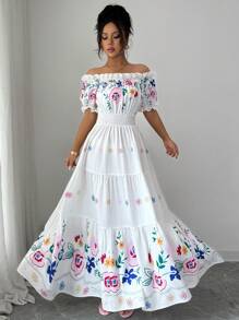 Modelyn Đầm dự tiệc hàng ngày in hoa tay bồng một bên vai cho nữ, váy xòe eo, lãng mạn, thanh lịch, bộ sưu tập mùa hè mới - Nhiều màu - Xem 7