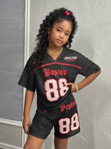 SHEIN Leap Crew 青少年女孩 88 数字和字母印花宽松 T 恤和直筒短裤 2 件套，休闲日常舒适时尚 - 黑色 - 查看 3