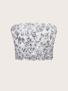 Glamine Áo crop top sequin lấp lánh cho nữ, phong cách Y2K, lễ hội âm nhạc - Bạc - Xem 5