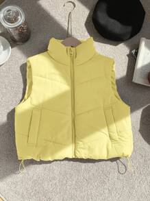 Comfortcana Women Casual Yellow Zipper Reversible Button Corduroy Drawstring Cropped Padded Vest In Fall/Winter - Yellow - View 6
