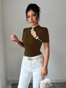 Elenzga Summer Women's Fitted Tencent Style Short Stand Collar T-Shirt