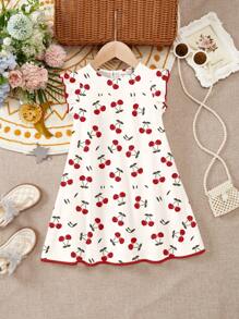 SHEIN Young Girls Leisure Cute Mini Heart, Mini Cherry Print, Simple Ruffle Hem Dress Suitable For Summer