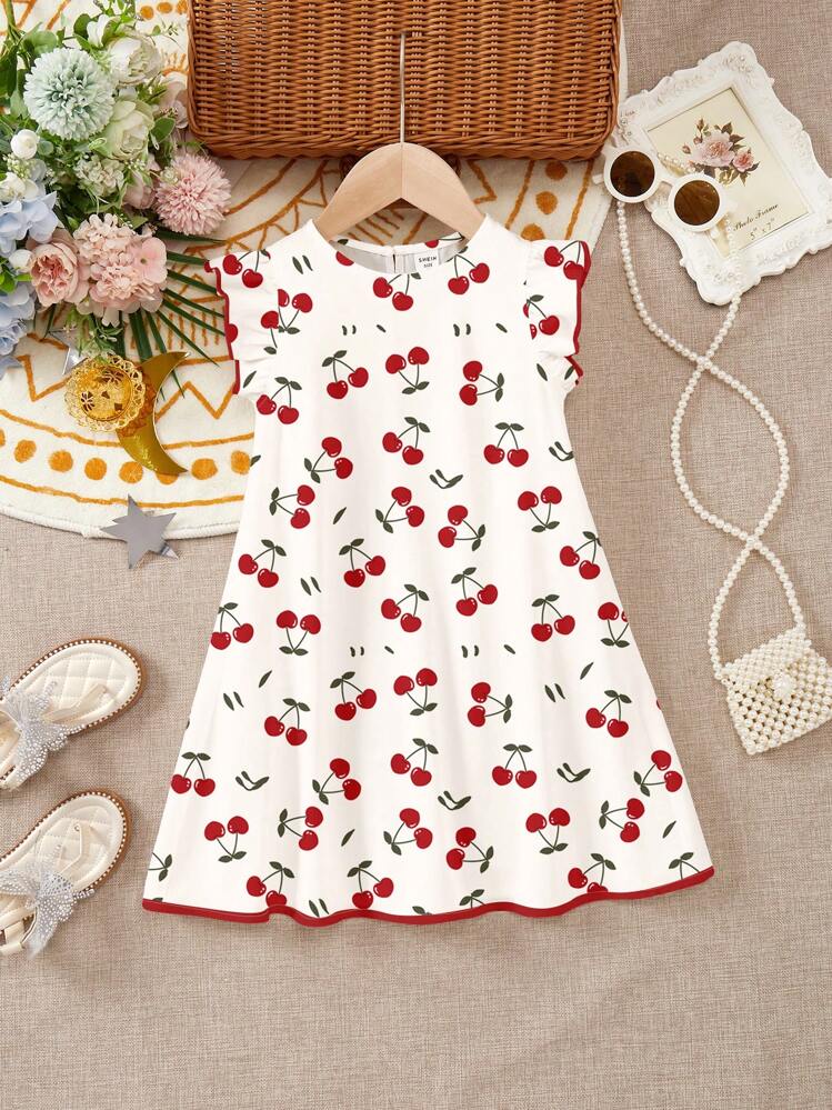 cute short flowy dress SHENHE Girl's Ruffle Sleeve – Heart Print A-Line Midi Dress With Belt, Summer Outfit For Kids Casual Cute Party Dress Tiered