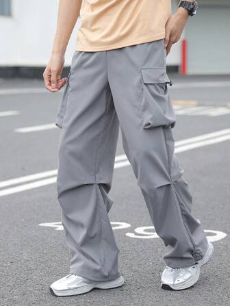 PantsHub Teen Boy Casual Loose Fit Elastic Waist Cargo Pants, Street Style, Comfortable, Fashionable, Versatile, Soft Fabric, Suitable For Spring/Summer, Daily Wear, Outdoor Play, School, Street Fashion, Party And Lounging