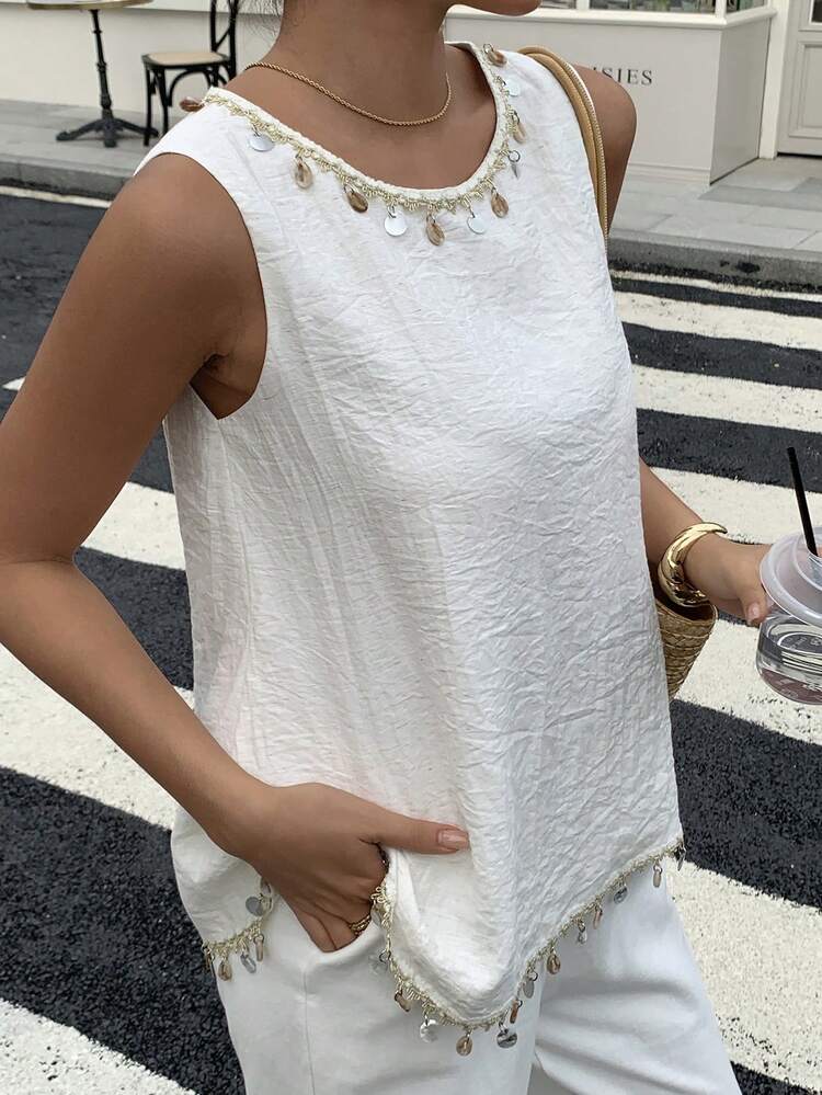 Women's Sleeveless Boho Beaded Patchwork Tank Top, Casual Pullover Blouse