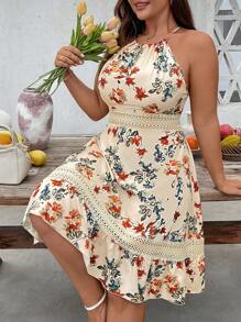 SHEIN Holidaya Women's Floral Print Contrast Lace Summer Holiday Dress - Multicolor - View 7
