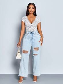 SOLERSUN Spring And Summer Women's Wear Daily Leisure Sexy Commuter White Lace Fabric V-Neck Neck Lace Short Sleeve Fitted Top - Apricot - View 1