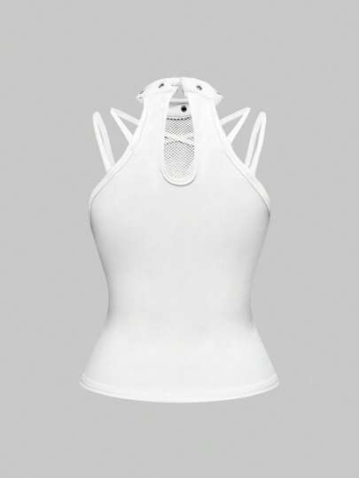 Goth Top de tirantes de verano para mujer con diseño de botones y volantes de unicolor