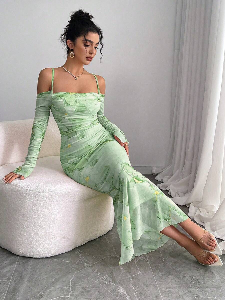 Elenzga Plus Size Women Pink Floral Print Mesh Ruffle Off Shoulder Bodycon Long Sleeve Dress - Green - View 1