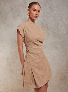 COSMINA Women's Fashionable & Elegant Embroidered Waist Mini Dress - Khaki - View 4