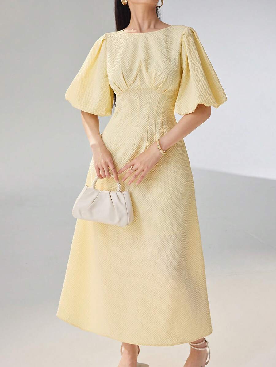 Heiryn Women Solid Color Round Neck Short Puff Sleeve Pleated Elegant Arabian Style Dress - Yellow - View 1