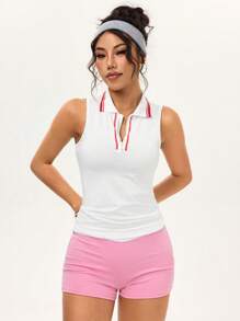 SHEIN Dewbera 女式条纹无袖休闲健身运动 Polo 衫 女式高尔夫服装 女式运动健身服 - 白色 - 查看 3