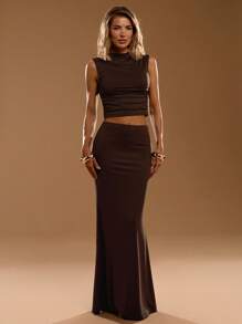 SHEIN BAE 2 chiếc/Bộ áo bó sát màu nâu trơn không tay & chân váy đuôi cá dài trang phục thanh lịch cho nữ, váy không tay mùa hè - màu nâu - Xem 3