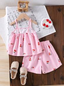 SHEIN Vintaside Kids 小女孩（小码）粉色和白色格子樱桃印花吊带背心和短裤套装，透气舒适的夏季服装
