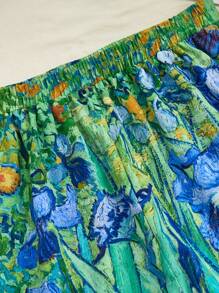 SHEIN Touch of Art Van Gogh Iris, Women's Short Sleeve & Shorts Pajama Set, Loose Pajama Set, Blue, Green, Oil Painting Pattern, Retro Pattern, Vacation, Leisure, Summer - Green - View 5