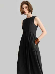 Ontre 2026春夏女装商务休闲日常通勤优雅海滩度假风连衣裙，适合婚礼宾客、乡村音乐节、早午餐、机场、办公室休闲场合，宽松无袖简约连衣裙，带口袋，极简时尚，感恩节、圣诞节等场合皆宜。 - 黑色 - 查看 5