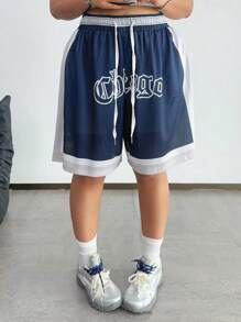 SHEIN CURVE+ 大码女式字母印花宽松抽绳腰及膝短裤，篮球短裤 - 彩色 - 查看 5