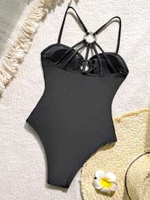 SHEIN 少女度假圆形镂空抽绳连体泳衣，沙滩装 - 黑色 - 查看 2