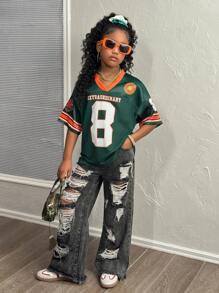 青少年女孩休闲街头时尚V领短袖上衣 - 綠色 - 查看 3