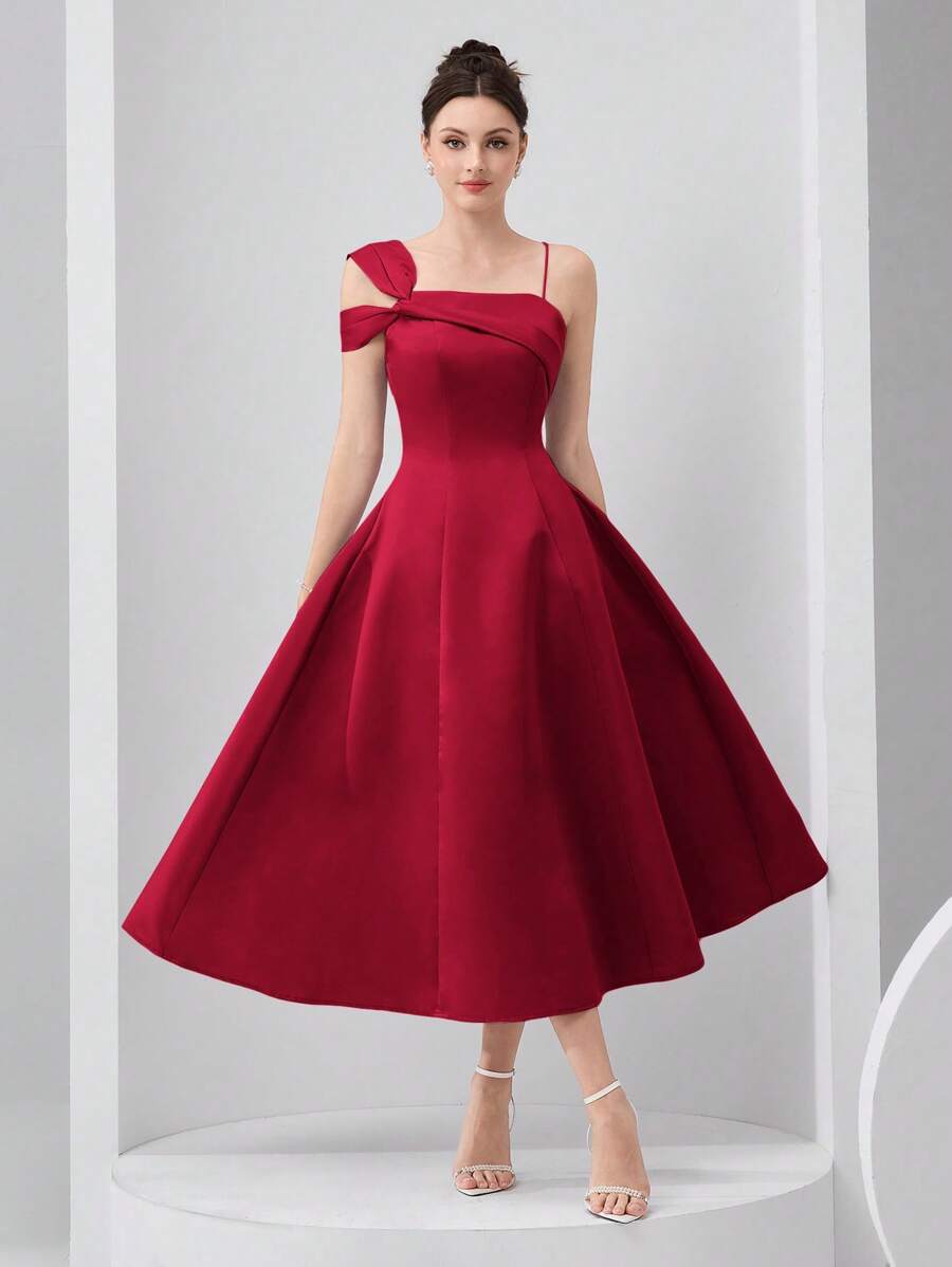 Modelyn Đầm dài vai bất đối xứng tối giản màu trơn cho nữ, mặc thường ngày