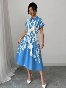 Rafferiza 女式蝙蝠袖衬衫领系带腰部花卉印花连衣裙