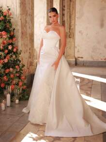 Glamrae Vestido largo elegante y lujoso con aplicaciones de encaje, bajo con volantes y cola, adecuado para boda, fiesta de compromiso, baile de graduación, vacaciones, gala formal - Beis - Ver 6