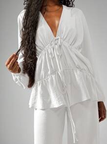 MISSGUIDED 亚麻质感阔腿裤 Co Ord 波西米亚风夏季度假装长袖分层衬衫阔腿裤秋季假日时尚 - 白色 - 查看 6