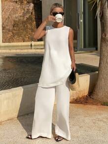 Livesso 2 件套女式纯色休闲长款背心和阔腿裤套装，度假装，夏季 - 白色 - 查看 3