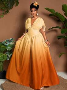 Maweii 大码女式优雅渐变色印花设计领结 V 领 A 字形海滩/音乐节百搭长袖长裙，春夏