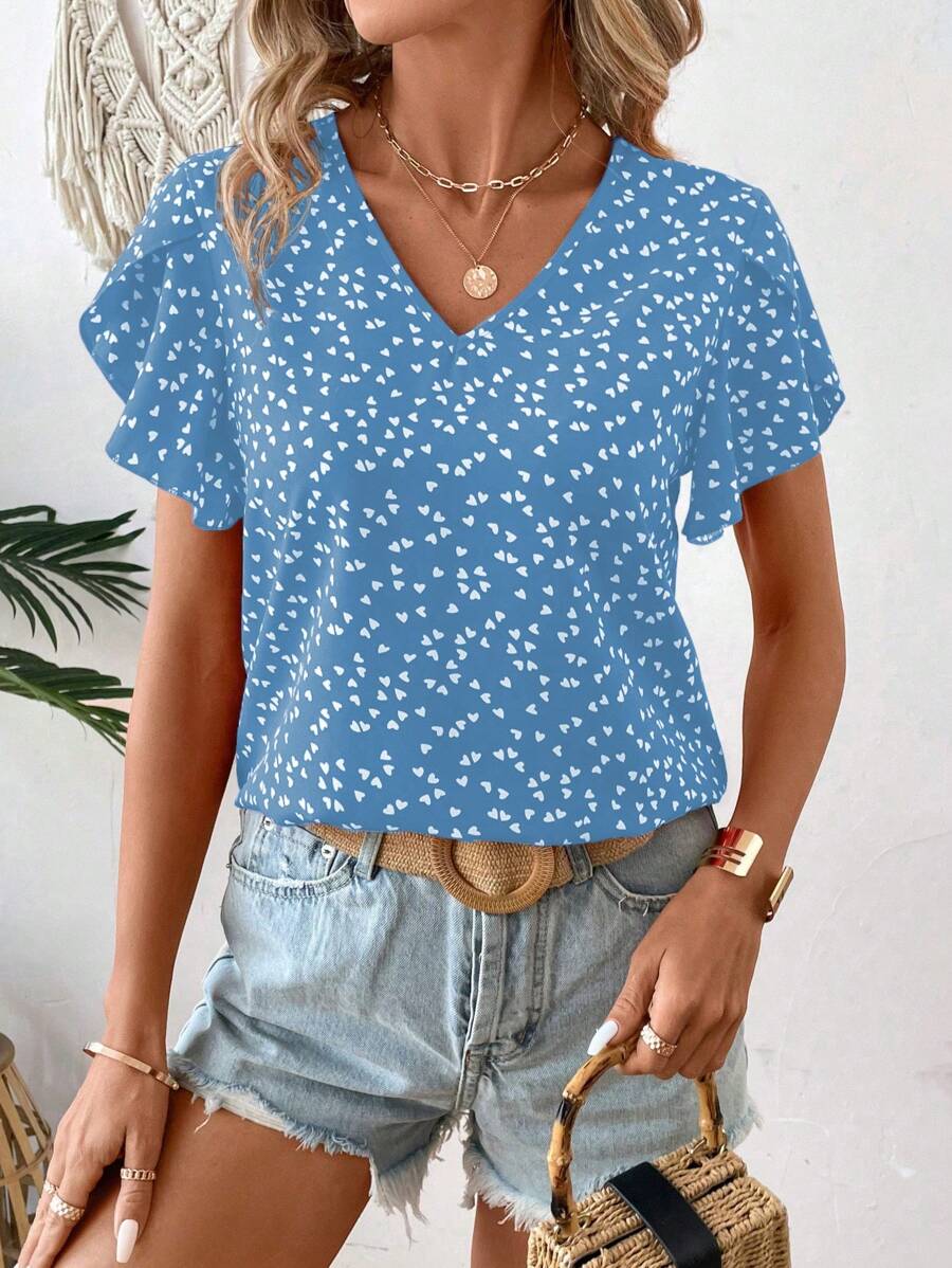 EMERY ROSE Women's V-Neck Casual Heart Print Ruffle Short Sleeve Blouse, Summer - Multicolor - View 1