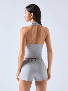 LYSMO Set de 2 piezas - Top sin espalda sexy y shorts para mujer, ideal para el verano - Gris Claro - Ver 2