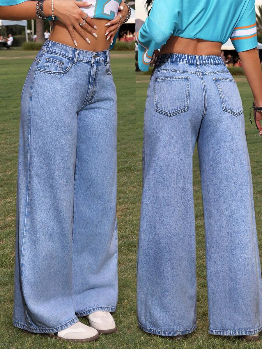 SHEIN PETITE Women's Loose Fit Wide Leg Pockets Casual Versatile Jeans - Medium Wash - View 1