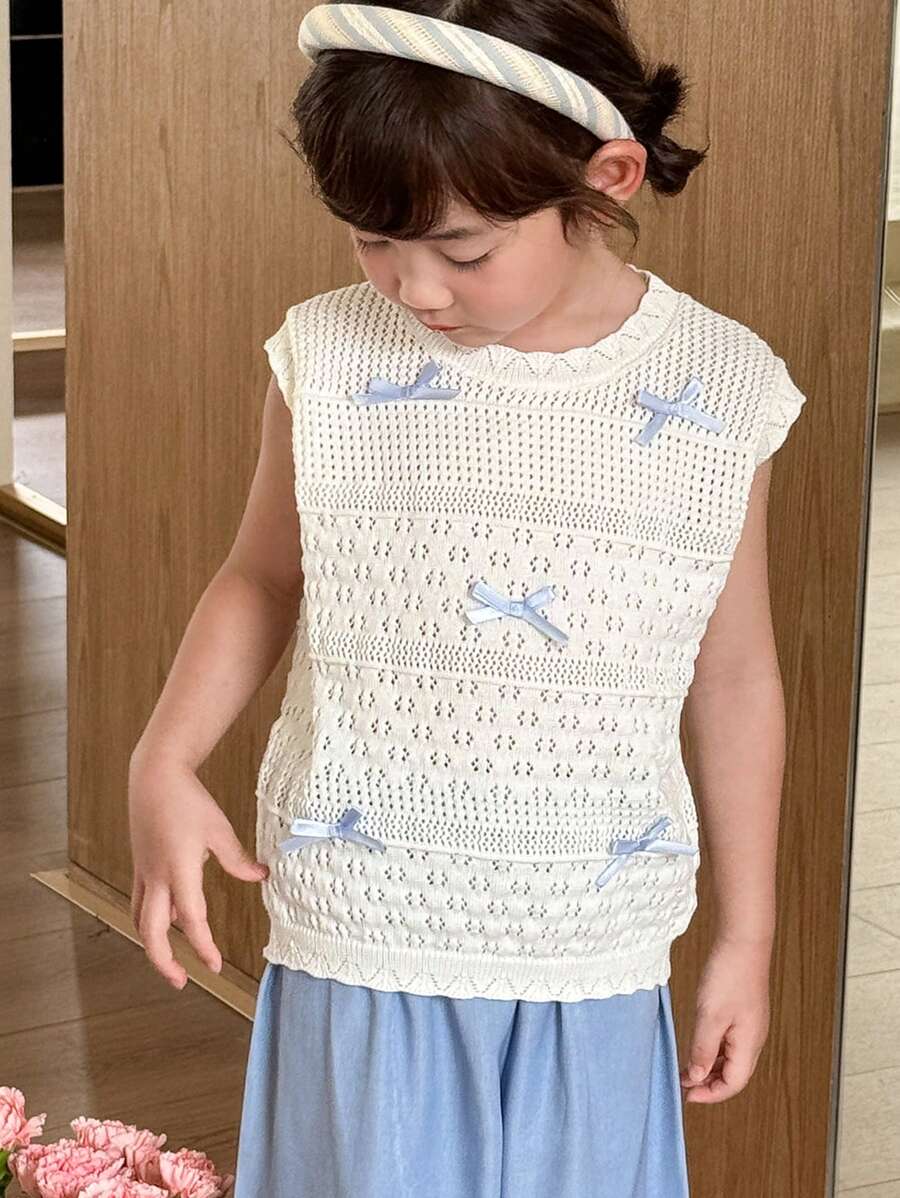 SHEIN 少女甜美日常穿搭蝴蝶结装饰针织圆领可爱图案毛衣上衣 - 白色 - 查看 1