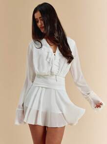 SHEIN BAE Women's Solid White Sheer Lightweight Chiffon Ruffled Hem Sexy Elegant Shirt Dress, White Dress, Graceful Graduation Season Dress - White - View 3