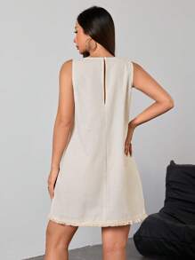 女士亚麻简约休闲无袖圆领迷你连衣裙，夏季演唱会服装，适合返校穿着 - 米色 - 查看 2