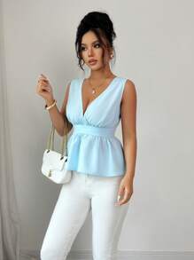 Chiquease Camiseta de tirantes sin mangas de cuello en V profundo de unicolor minimalista para mujer - Azul - Ver 7
