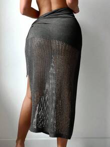 SHEIN Swim Women's Beach Vacation Crocheted Cover Up Skirt - Black - View 2