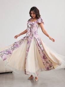Modelyn 女式春夏花卉印花网眼拼接荷叶边腰喇叭长裙，优雅浪漫 - 彩色 - 查看 4