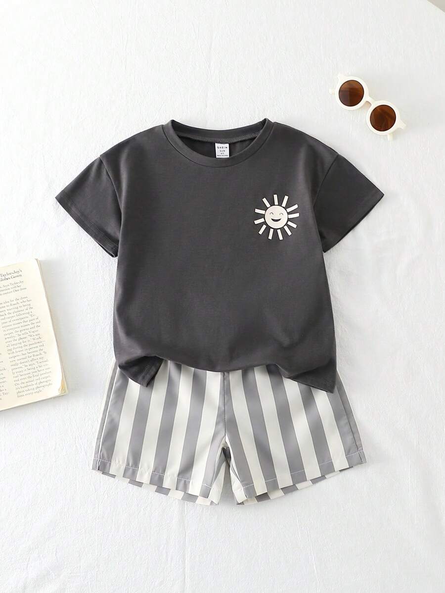 Playful Pals 2pcs Toddler Boys' Casual Loose Graphic Print Round Neck T-Shirt And Striped Print Shorts Set, Comfortable And Versatile For Spring/Summer Outdoor Play And Daily Wear Summer Holiday - Dark Grey - View 1