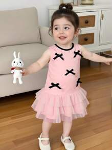 SHEIN Baby Girls' Sweet Princess Style Color-Block Edge Multi-Layer Tulle Apricot Sleeveless Dress, With Black Bow Accent, Suitable For Everyday Wear, All Season - Pink - View 1