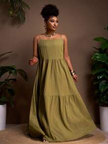 Veslaya 2025 Plus Size New Arrival Summer Green Solid Color Comfortable Stretchy Sleeveless Loose A-Line Dress - Army Green - View 9