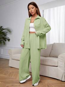 SHEIN EZwear Conjunto informal de mujer de color verde menta tejido - verde menta - Ver 4
