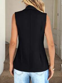 Easowa 秋冬季夏季女式纯色无袖系带前开襟西装外套 - 黑色 - 查看 2