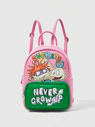 Nick 90's X ROMWE Mochila casual de moda con patrón de dibujos animados de colores contrastantes