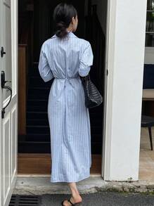 DAZY Damen Sommer Lässig/Berufskleidung langes Wickelkleid mit Streifenmuster und Knöpfen vorne