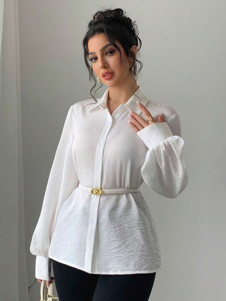 Women's Turn-Down Collar Elastic Waist Loose Casual Long Sleeve Blouse