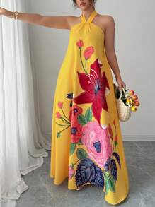 Elenzga Vestido largo de verano con estampado floral, cuello halter, sin mangas y línea A, para mujeres de talla grande - Multicolor - Ver 6